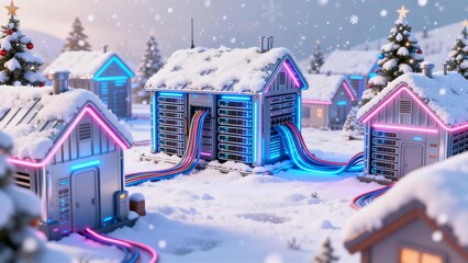 Winter Data Center Network Server Farm Glowing Fiber Optic Cables Digital Technology Infrastructure