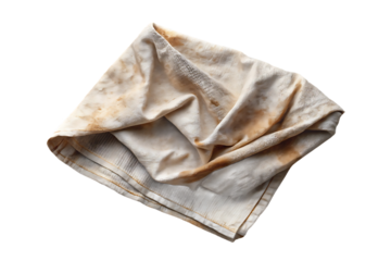 Stained beige cleaning cloth folded with visible dirt marks and wear from repeated use in household tasks, isolated on a transparent background