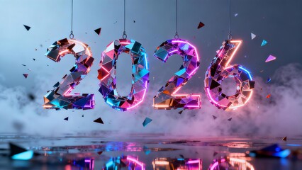 Dynamic 2026 Neon Geometric Number For New Year Celebration Future Technology Digital Business Strategy Banner