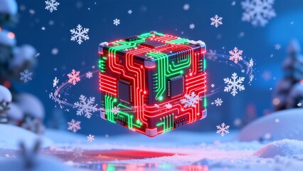 Glowing Circuit Board Cube Digital Christmas Gift Futuristic Technology Data Transfer in Winter
