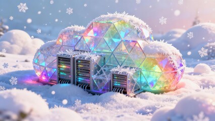 Colorful Cloud Computing Servers in Icy Winter Data Center Geodesic Dome Technology Storage