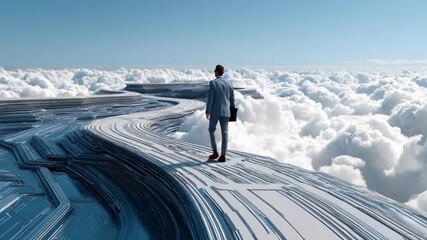 Navigating the Digital Path: A determined professional traverses a winding digital pathway amidst a sea of clouds, symbolizing vision. - Powered by Adobe