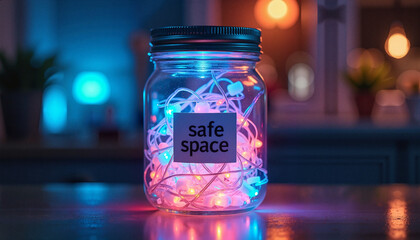 Brightly lit safe space jar with colorful string lights inside creates sense of safety. Safe space concept includes glowing lights and label, showing comforting environment.
