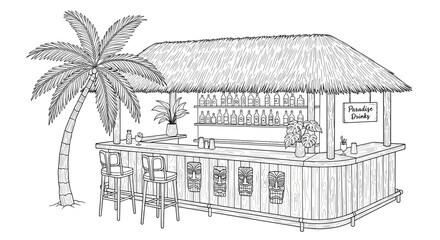 Tropical beach bar with stools in black and white sketch style