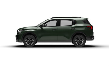Realistic 3D render of a military green colored modern b-suv car, full left side view, transparent background.