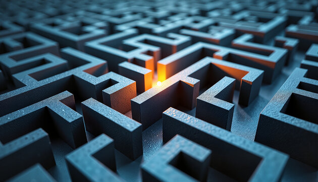 Conceptual maze showcasing problem solving challenge with glowing core. Intricate problem solving challenge presents difficulty and complexity, but center glows with promise,