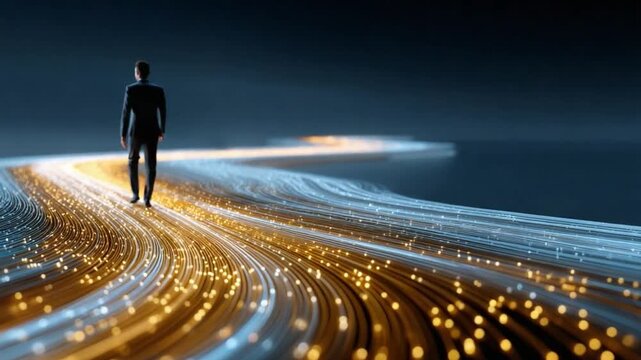 Path to the Future: A lone figure strides confidently along a glowing pathway, embodying vision, determination, and the pursuit of innovation and the boundless possibilities that lie ahead.
