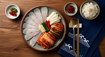Hongeohoe Samhap with Fermented Skate, Kimchi, and Suyuk Pork on Wooden Table (Korean Cuisine)