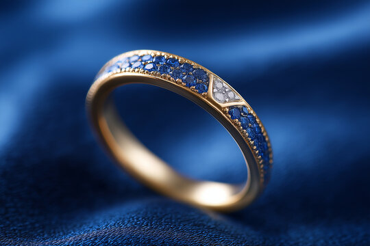 Eleganter Goldring mit funkelnden Diamanten auf tiefblauem samtigen Hintergrund
