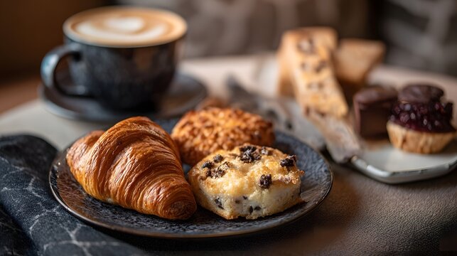 A tempting assortment of freshly baked pastries including a croissant scones and mini tarts served with a creamy latte