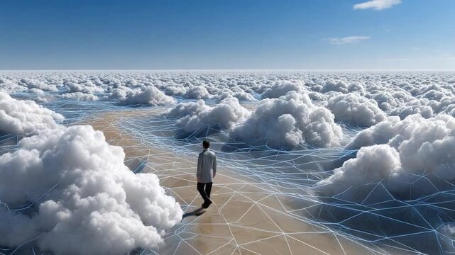 Man on cloud road: a man stand on cloud, showing the concept of path and future vision.