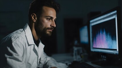 Focused scientist in lab coat analyzes colorful waveform data on computer screen in dark lab