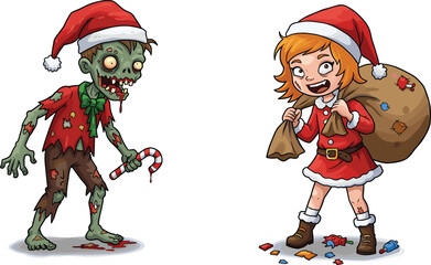 Funny Christmas zombie with candy cane and cheerful Santa girl carrying gift sack cartoon winter holiday humorous festive vector illustration.