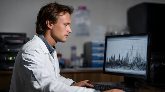 A scientist in a lab coat analyzes data on a computer screen in a laboratory setting