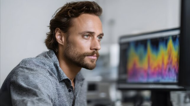 A professional man intently studies colorful data graphs displayed on a computer screen in a laboratory