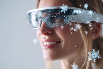 smiling woman wearing futuristic AR glasses with digital snowflakes, immersive holiday technology, virtual Christmas, innovation and virtual reality experience for tech, advertising, retail industries