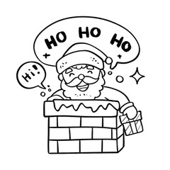 Santa Claus in chimney with gift and speech bubbles outline illustration, playful holiday scene in black and white cartoon style
