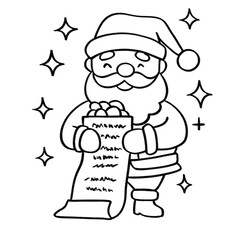Santa Claus holding gift list outline illustration, festive holiday character in black and white cartoon style
