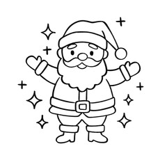 Santa Claus with open arms and sparkles outline illustration, joyful holiday character in black and white cartoon style
