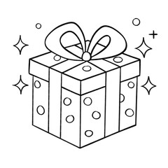 Polka dot gift box with ribbon and bow outline illustration, festive present in black and white cartoon style
