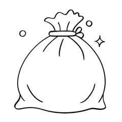 Santa’s gift sack outline illustration, festive holiday bag in black and white cartoon style
