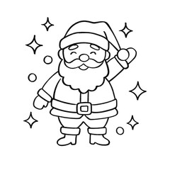 Smiling Santa Claus waving outline illustration, cheerful holiday character in black and white cartoon style
