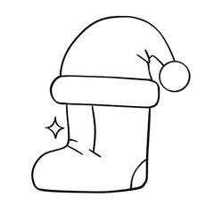 Santa boot with hat design outline illustration, playful holiday icon in black and white cartoon style
