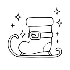 Santa boot on sleigh runners outline illustration, whimsical holiday design in black and white cartoon style
