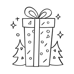 Tall gift box with bow and Christmas trees outline illustration, festive holiday scene in black and white cartoon style
