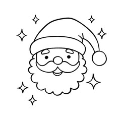Santa Claus face with hat and sparkles outline illustration, festive holiday character in black and white cartoon style
