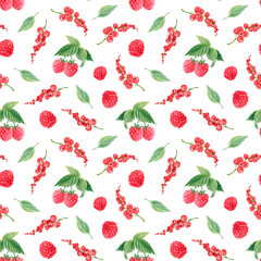 Watercolor summer seamless pattern with raspberries, red currants and green leaves on white background. Botanical berry repeatable design for packaging, textile prints, wrapping paper or kitchen decor