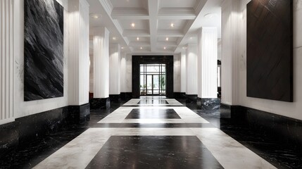 Obraz premium Elegant modern lobby interior featuring black and white marble floors grand columns and striking abstract artwork