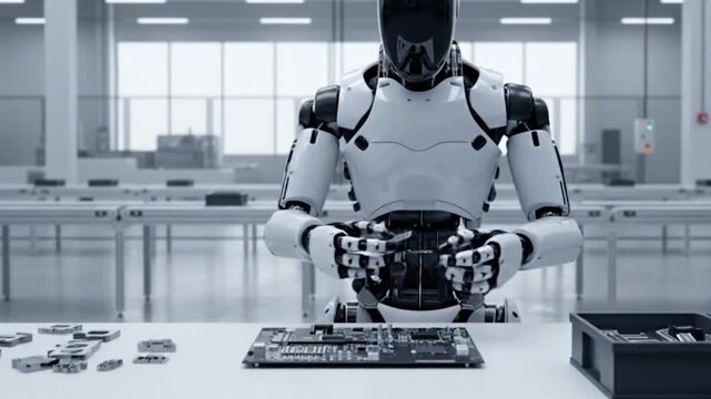 Humanoid robot assembling parts in futuristic factory