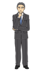 顎に手をあてて立つスーツの中年男性