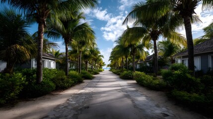 Obraz premium A picturesque pathway lined with palm trees leads to a serene tropical beach destination with villas