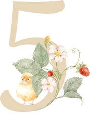 Watercolor number five with chick and strawberry flowers, cute spring botanical nursery illustration