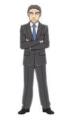 腕を組んで考え事をしているスーツの中年男性