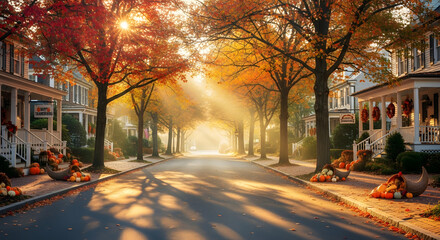 A street lined with trees in autumn with houses decorated for thanksgiving and bright sunlight shining through 100