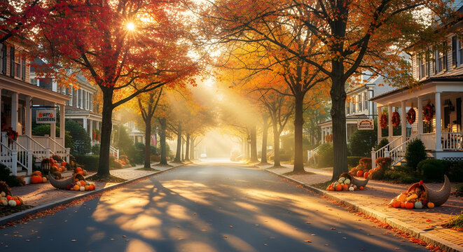 A street lined with trees in autumn with houses decorated for thanksgiving and bright sunlight shining through 100
