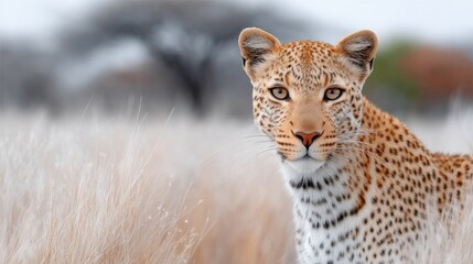 Fototapeta premium Detailed Wildlife Portrait of a Leopard Resting in Dry Grassland with Soft Bokeh Background Natural Lighting