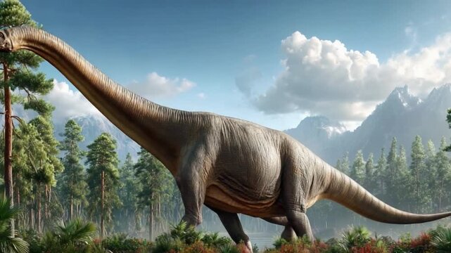 Prehistoric Giant: A majestic long-necked dinosaur stands tall amidst a backdrop of lush forests and towering mountains. Representing the magnificence of the ancient world.