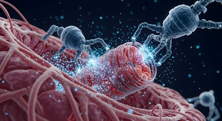 Advanced nanobots delivering targeted energy to repair biological cells, a microscopic view symbolizing future medical innovation and scientific breakthroughs