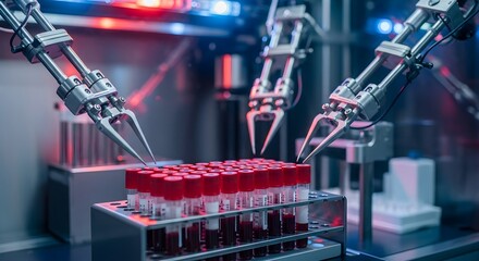 High-tech robotic systems precisely process blood samples within an advanced laboratory setting, revolutionizing medical research and diagnostic procedures through automation
