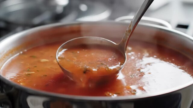 Ladle stirs simmering tomato soup in stainless pot.
