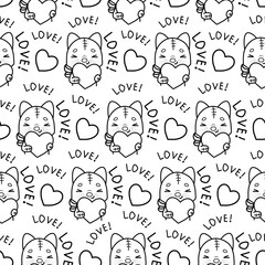 Seamless pattern with a cat and a heart in kawaii style. Black and white vector festive illustration for Valentine's Day.