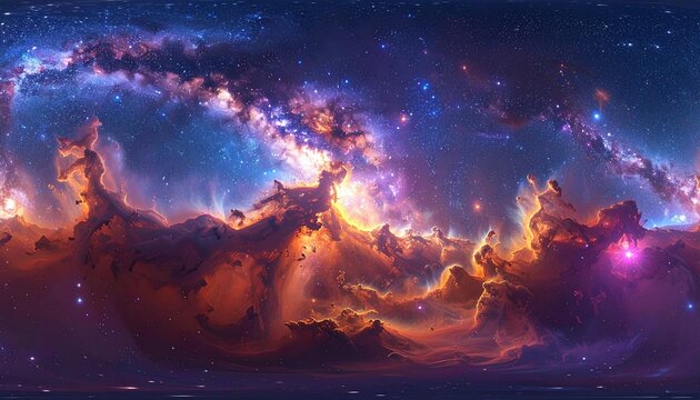 The image is a panoramic view of a vibrant nebula with orange and purple clouds and a bright starry