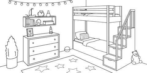 Bunk bed children room graphic black white home interior sketch illustration vector 