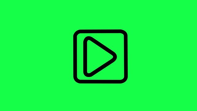 Animated black play button icon in a square frame on a vibrant green background, motion graphic animation, simple interface symbol for media playback and starting content, clean design element