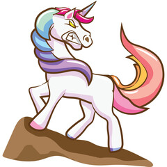 Pixel Art Cartoon Unicorn Standing On Rock With Angry Expression Rainbow Mane And Tail White Body With Purple Blue Pink And Yellow Accents Detailed Line Art For Fantasy And Mythical Creatures