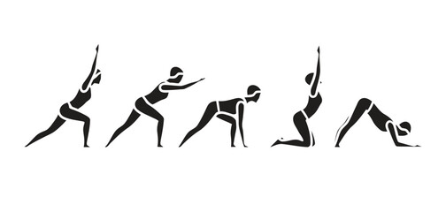 Silhouettes of a woman performing a sequence of dynamic yoga poses in a fluid motion